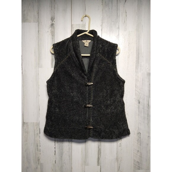 WOOLRICH ONYX Fleece Vest Size Medium Gray Black Toggle Button Sherpa Collared - Picture 1 of 6